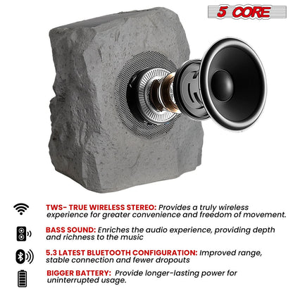 5Core Outdoor Wireless Speakers Bluetooth Rock Waterproof Linkable TWS Garden Speaker GRAY