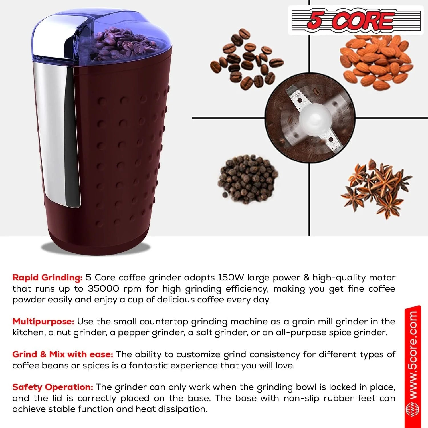 5Core Coffee Grinder 85 Gram Capacity 150W Electric Bean Spice Grinders BLACK & BROWN